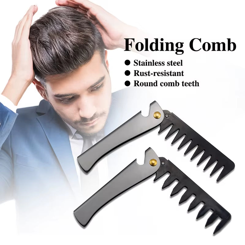 Men Retro Oil Head Comb Portable Folding Stainless Steel Comb Hairdressing Styling round Teeth Comb Texture Modeling Steel Comb