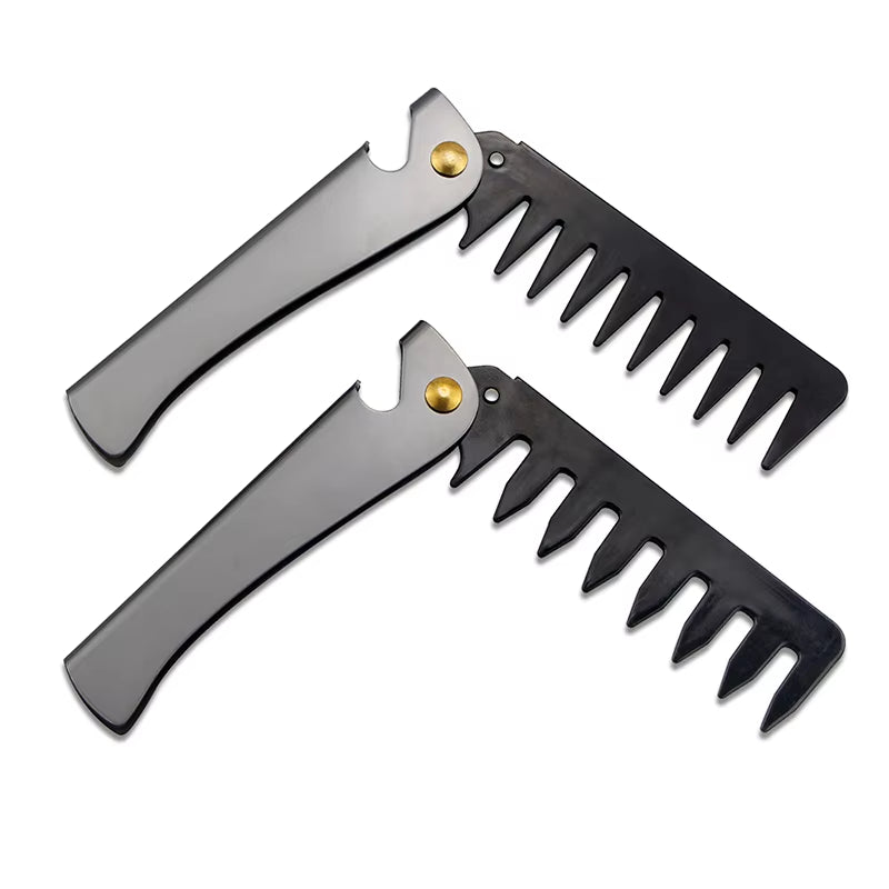 Men Retro Oil Head Comb Portable Folding Stainless Steel Comb Hairdressing Styling round Teeth Comb Texture Modeling Steel Comb