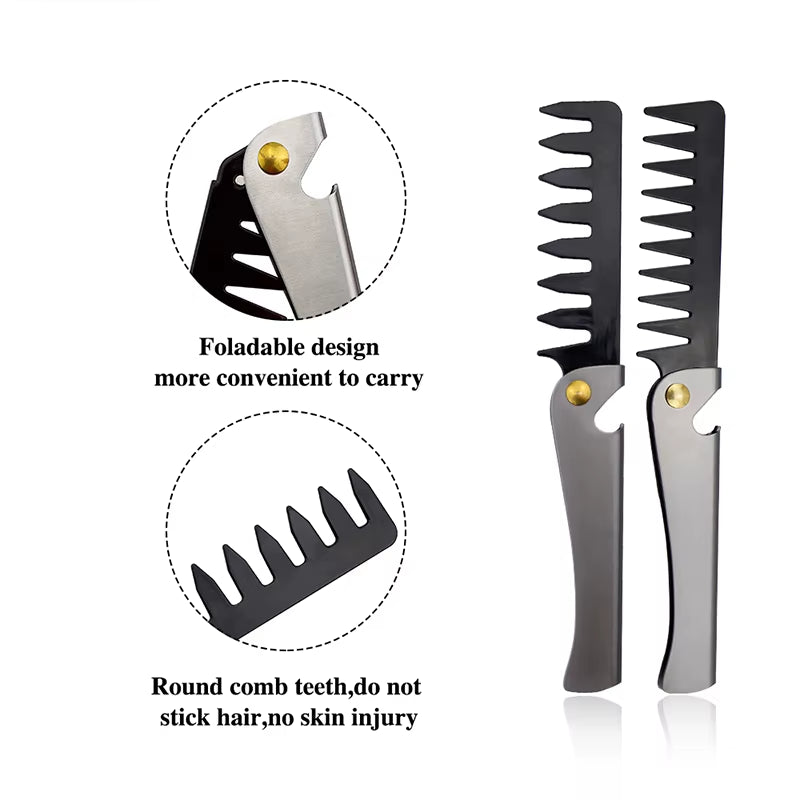 Men Retro Oil Head Comb Portable Folding Stainless Steel Comb Hairdressing Styling round Teeth Comb Texture Modeling Steel Comb